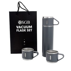 מארז תרמוס מהודר+שלוש כוסות אפור